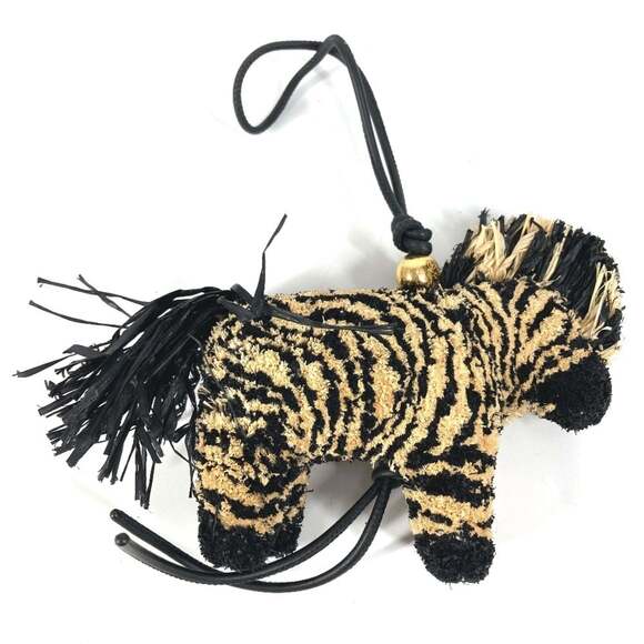 LOEWE C621232XKP Zebra Keychain Bag Charm in Raffia and Leather, Black, Women's - Picture 2 of 10